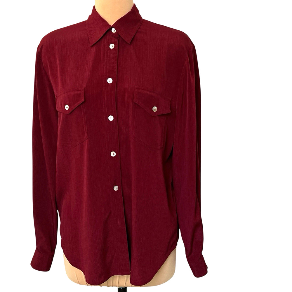 Tess Long Sleeve Blouse Size Large Maroon Red Collared Button Up Textured